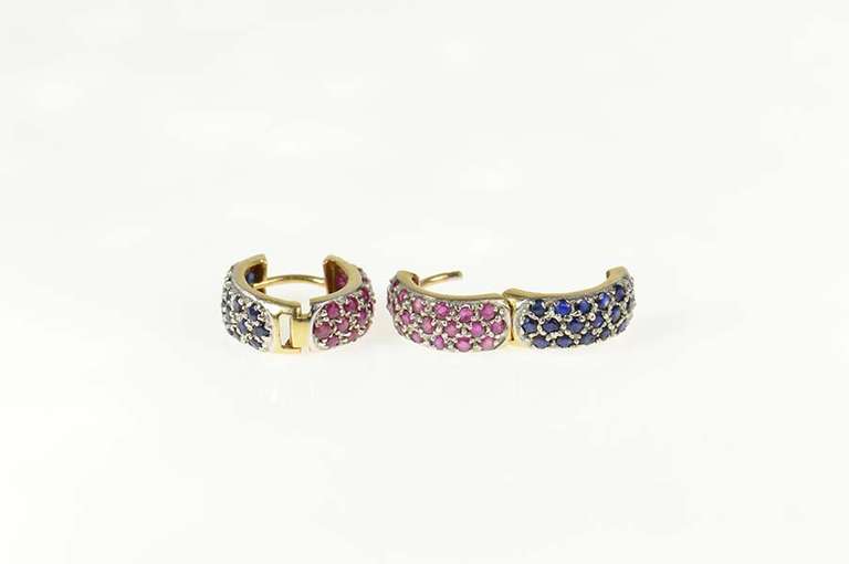 14K Yellow Gold Pave Sapphire Ruby Encrusted Huggie Hoop Earrings