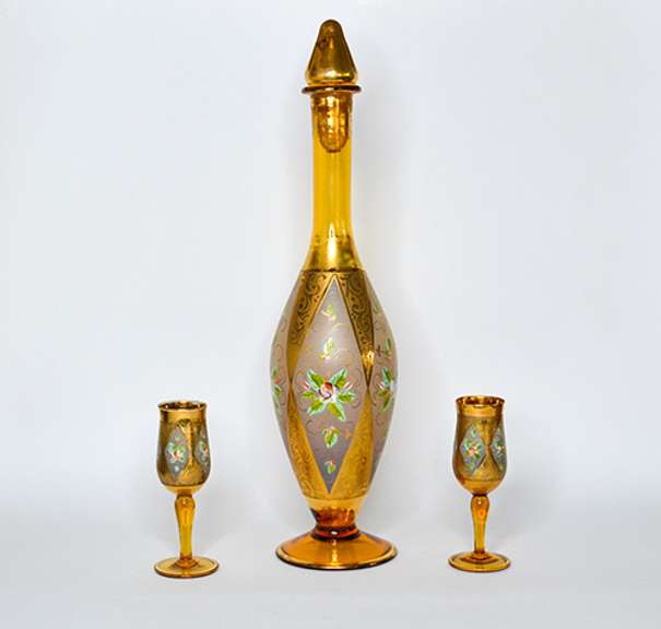 Vintage Italian Hand Painted 18K Gold and Enamel Venetian Crystal Decanter Set With Two Cordial Glasses