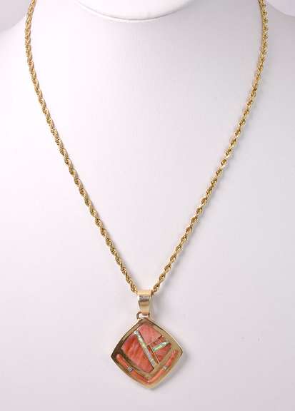 Beautiful Coral and Opal Pendant Necklace in 14K Yellow Gold