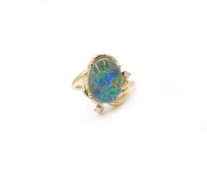 Brilliant Opal Doublet & Diamond Ring in 14K