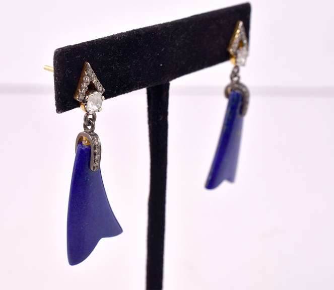 Lovely 21.17CTS Natural Lapis 0.89CTW Diamond Earrings in Gold Plated Sterling Silver