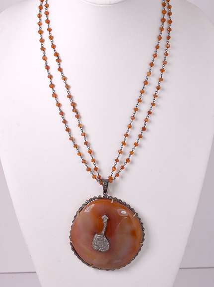 Dazzling Agate and Diamond Pendant and Beaded Carnelian Necklace in Gold Plated Sterling Silver