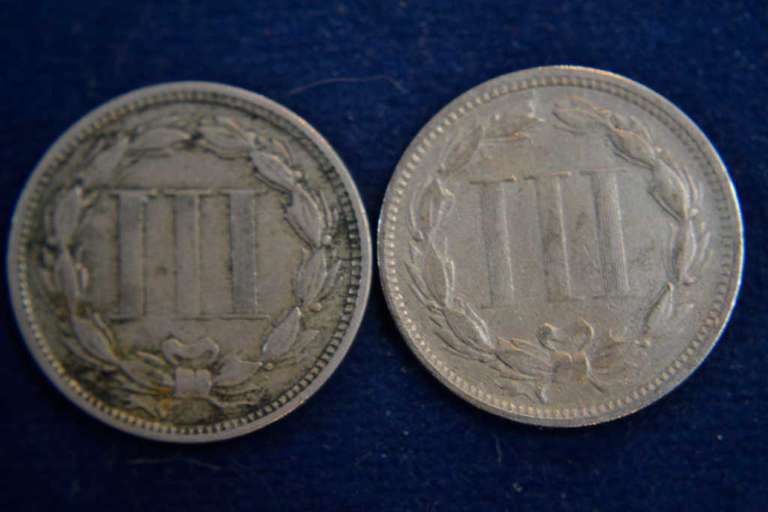 Lot Of 2, 3 Cent Nickels, Circulated.