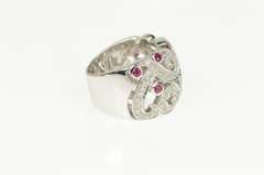 18K White Gold 1.07 Ctw Ruby Diamond Ornate Swirl Statement Ring