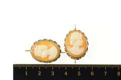 14K Yellow Gold Ornate Carved Shell Cameo Dangle Hook Earrings