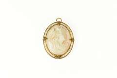 14K Yellow Gold Ornate Carved Shell Lady Cameo Statement Pendant