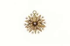 10K Yellow Gold Victorian Ornate Seed Pearl Flower Sun Pendant/Pin