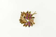 14K Yellow Gold Oval Ruby Retro Geometric Flower Cluster Pin/Brooch