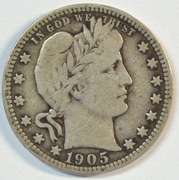 Scarce 1905-S Barber Head Quarter in Fine+