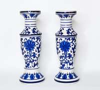 Two Large Cobalt Blue and White Chinoiserie Ceramic Candle Holders With Floral Design