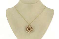 10K Yellow Gold Victorian Ornate Seed Pearl Flower Sun Pendant/Pin