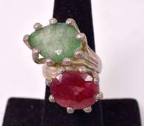 Elegant Vintage Ruby and Emerald Ring in Sterling Silver