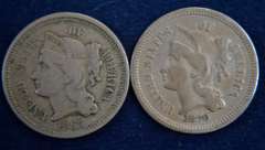 Lot Of 2, 3 Cent Nickels, Circulated.