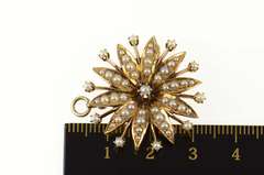 10K Yellow Gold Victorian Ornate Seed Pearl Flower Sun Pendant/Pin
