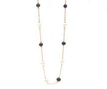 Elegant Black and White Pearl Station Necklace in 14K