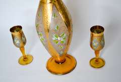 Vintage Italian Hand Painted 18K Gold and Enamel Venetian Crystal Decanter Set With Two Cordial Glasses