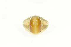 14K Yellow Gold Oval Tiger's Eye Retro Men's Textured Statement Ring