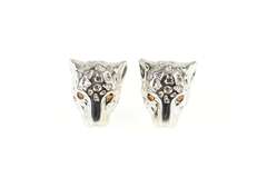 14K White Gold Ruby Eyed Leopard Cheetah Head Stud Earrings
