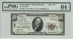 Near Gem CU 1929 $10 National Easthampton, MA (428) PMG-64EPQ