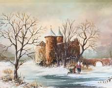 Beautiful Winter Scenery on Oil on Board