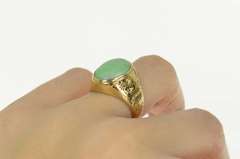 18K Yellow Gold Oval Jade Ornate Etched Chinese Dragon Ring