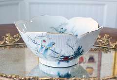 Gorgeous Fine China Bowl Made in Japan, with Exotic Blue Birds on Cherry Blossoms and Gilded Scalloped Edge