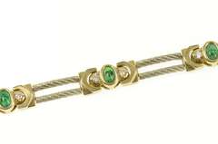 14K Yellow Gold Two Tone Emerald Diamond Twist Bar Link Bracelet