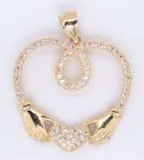 Fabulous Yellow Gold Claddagh Cubic Zirconia Heart Shaped Pendant