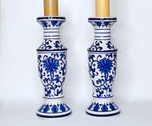Two Large Cobalt Blue and White Chinoiserie Ceramic Candle Holders With Floral Design
