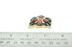 14K YELLOW GOLD DIAMOND, CARVED RUBY & ENAMELED BROOCH