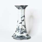 Vintage 10 Inch Black and White Ceramic Candle Holder With Animal and Floral Pattern