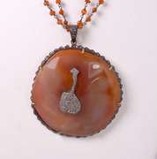Dazzling Agate and Diamond Pendant and Beaded Carnelian Necklace in Gold Plated Sterling Silver