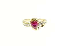 10K Yellow Gold Heart Sim. Ruby Diamond Accent Bypass Ring