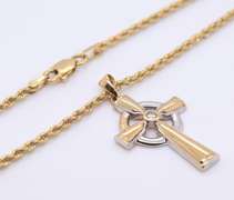 Attractive 2 Tone Diamond Celtic Cross Pendant on 24" Rope Chain Necklace. 8.92 Grams.