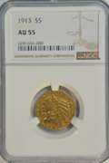 Near Mint 1913 US $5 Indian Gold Piece. NGC AU55