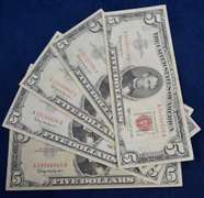 Lot Of 5 Red Seal $5, Circulated.