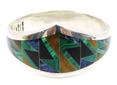 Heavy 950 Sterling Signed Taxco Gemstone Bangle Bracelet