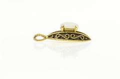 14K Yellow Gold Natural Opal Ornate Scroll Filigree Navette Pendant