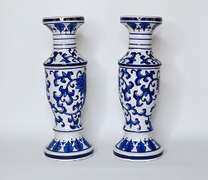 Two Large Cobalt Blue and White Chinoiserie Ceramic Candle Holders With Floral Design