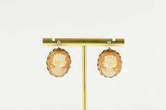 14K Yellow Gold Ornate Carved Shell Cameo Dangle Hook Earrings