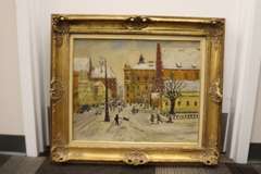 Antal Berkes Large Winter Cityscape Oil Painting  Antal Berkes  Winter Cityscape