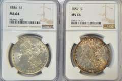 Nearly Gem BU 1886 & 1887 Morgan Silver Dollars. NGC MS64