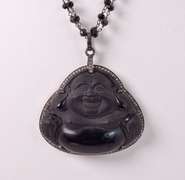 Fantastic Rare Jadeite Black Jade and Diamond Pendant with Beaded Black Spinel Necklace in Gold Plated Sterling Silver