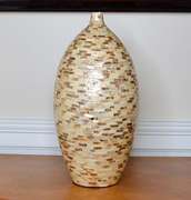 Vintage (1970's) 16.5 Inch Tall Mother of Pearl Inlay Mosaic Cambered Ceramic Bud Vase, Coastal Décor