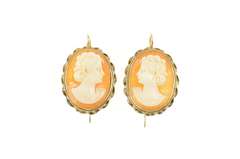 14K Yellow Gold Ornate Carved Shell Cameo Dangle Hook Earrings