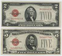 Real nice 1928-F $2 & 1928-C $5 Red Seal Notes. Choice