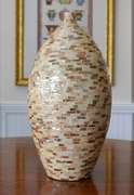 Vintage (1970's) 16.5 Inch Tall Mother of Pearl Inlay Mosaic Cambered Ceramic Bud Vase, Coastal Décor