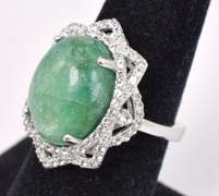 Dazzling 10.19CTS Cabochon-Cut Natural Emerald & 3.27CTW White Topaz Ring in Sterling Silver