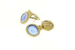 14K Yellow Gold Blue Glass Horse Rider Door Knocker Dangle Earrings