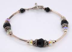 Sterling Silver black Onyx and Crystal Link Bracelet